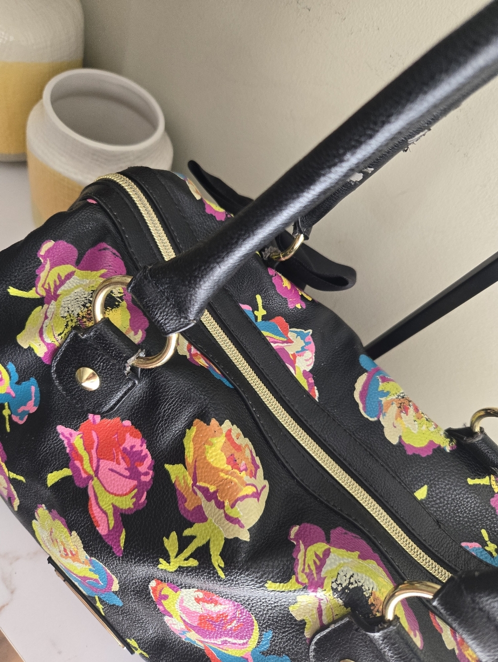 Fair Condition Betsey Johnson Black Floral Print Satchel Handbag - Picture 6 of 14